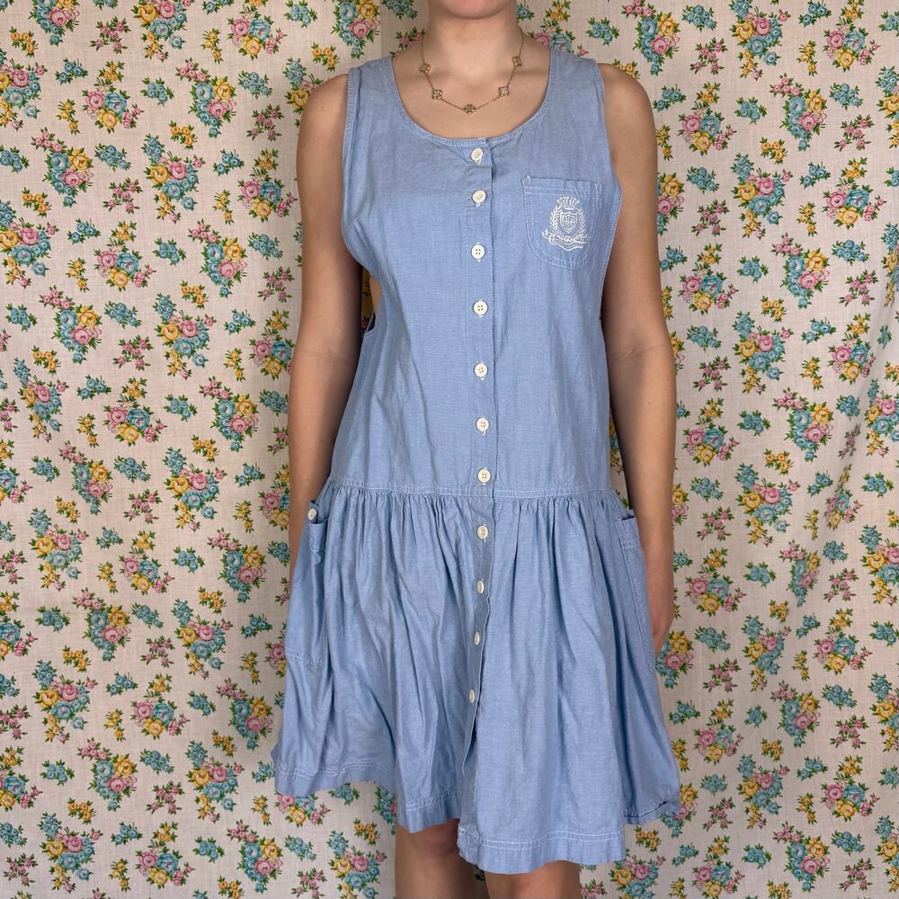 Vintage Ricki 90s pale blue chambray drop waist dress size medium